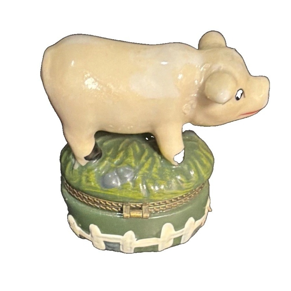 Trinket Box, Small Pig, Pink Green, Hinged Ceramic Farm Box